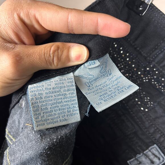 Robins Jeans RARE Mens 36" 100% Cotton Black Denim Long Flap Studded Waist Pants - Picture 8 of 9